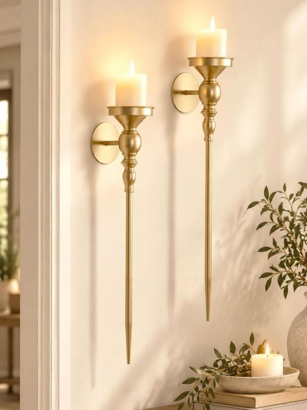 Elegant Gold Wall Candle Sconces - 24.4 Inch Long Decorative Candle Holders